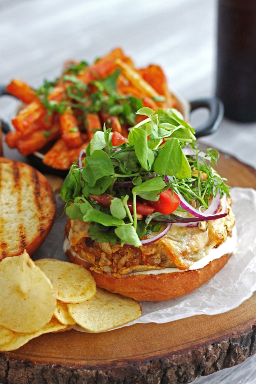 Kenyan Sweet Potato Veggie Burgers and Dad's Masala Chips