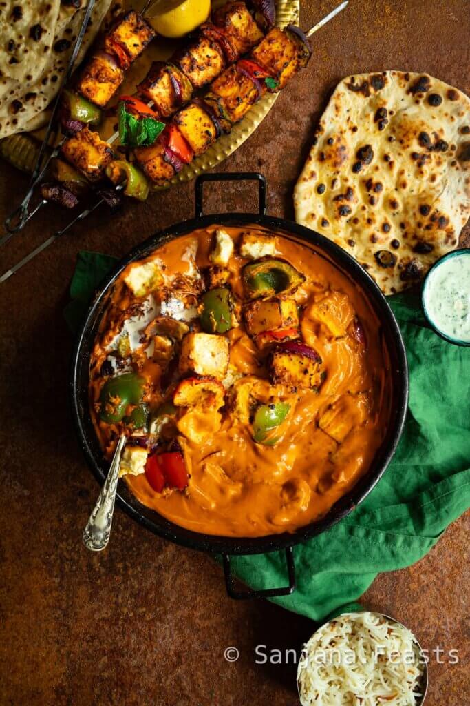 Kadai paneer with paneer tikka pieces a vegetarian curry from India