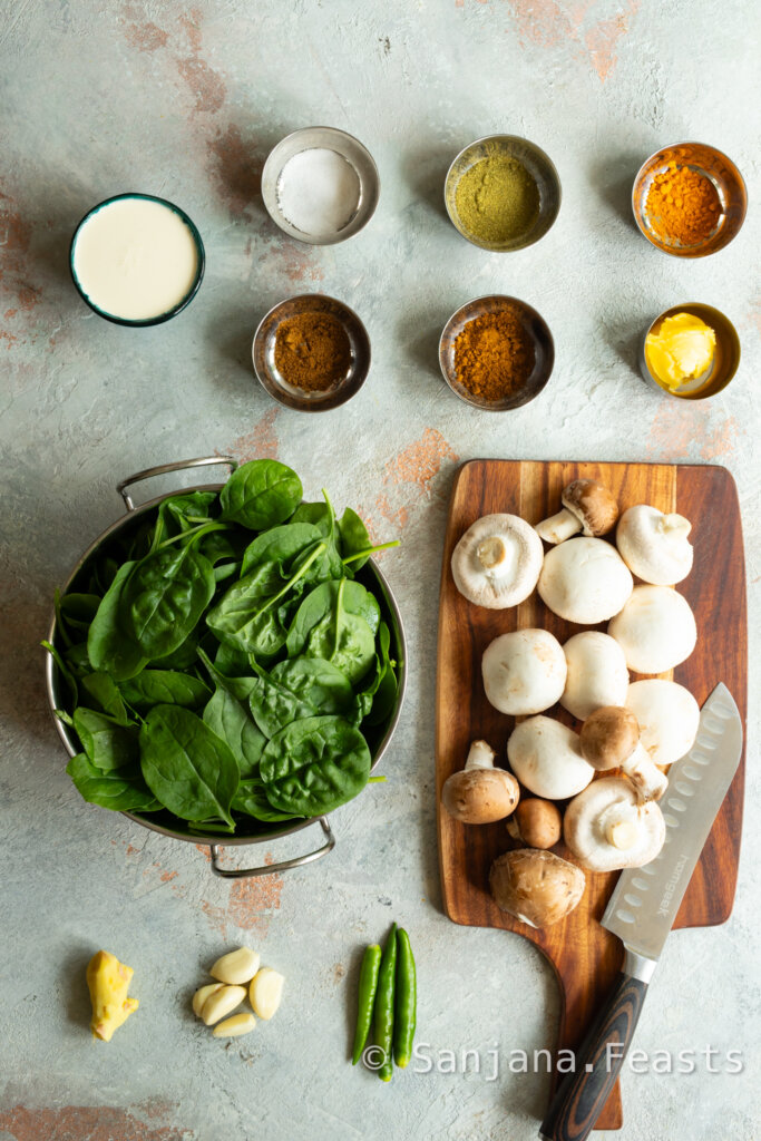 Ingredients for Mushroom and Spinach Curry